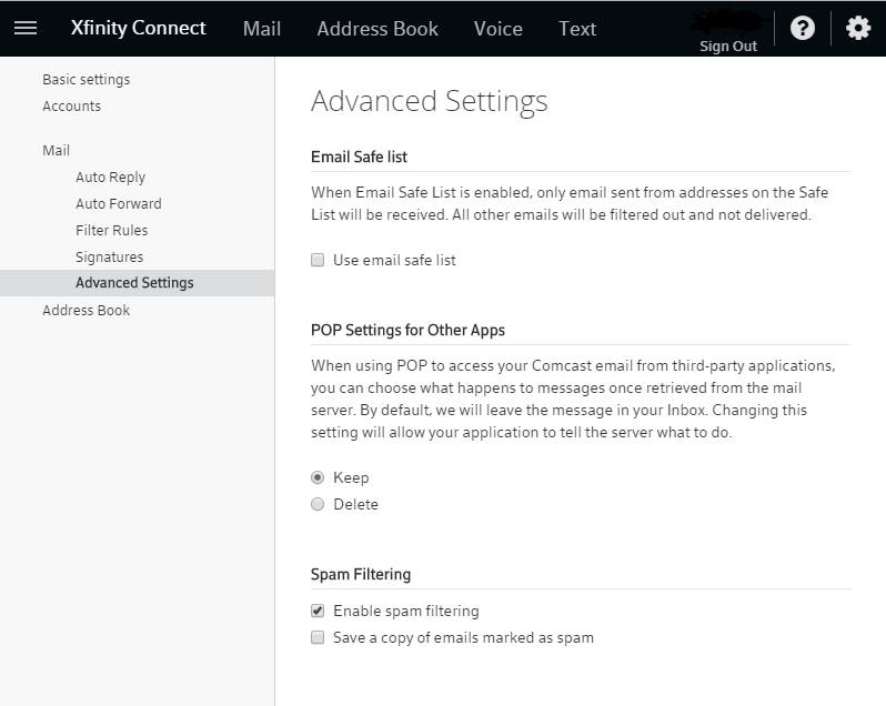 Comcast Spam Settings